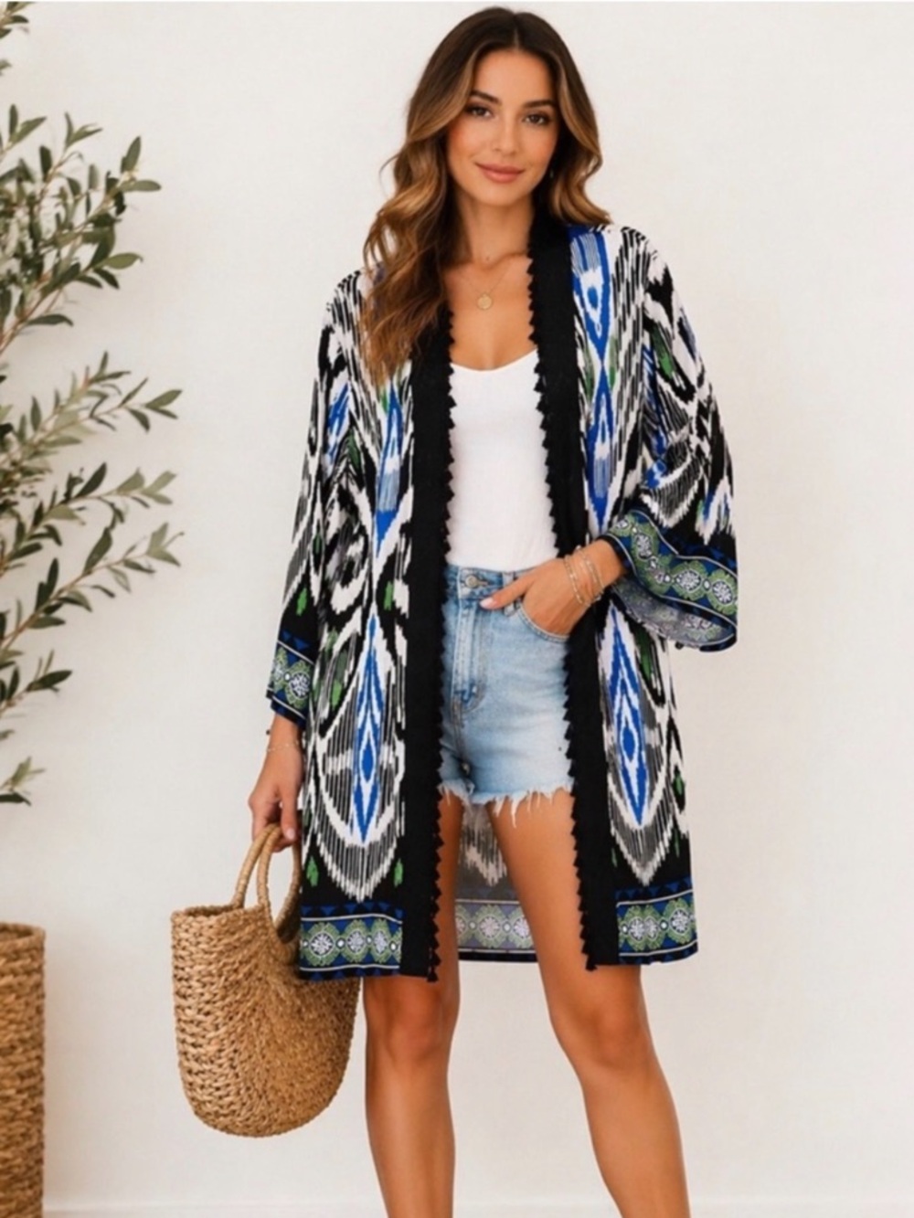 NWT SZ 3/XL Chico's Bohemian Boho Bordered Tassel Ikat Print Open Front Kimono